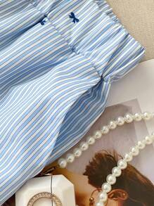 SHEIN 2 件套女士休闲蝴蝶条纹印花腰带衬衫和裙子套装，夏季 - 藍色 - 查看 3