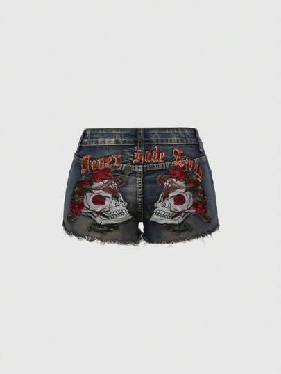 Grunge Punk Y2K Skeleton Rose Vine Embroidered Vintage Look Low Rise Denim Shorts