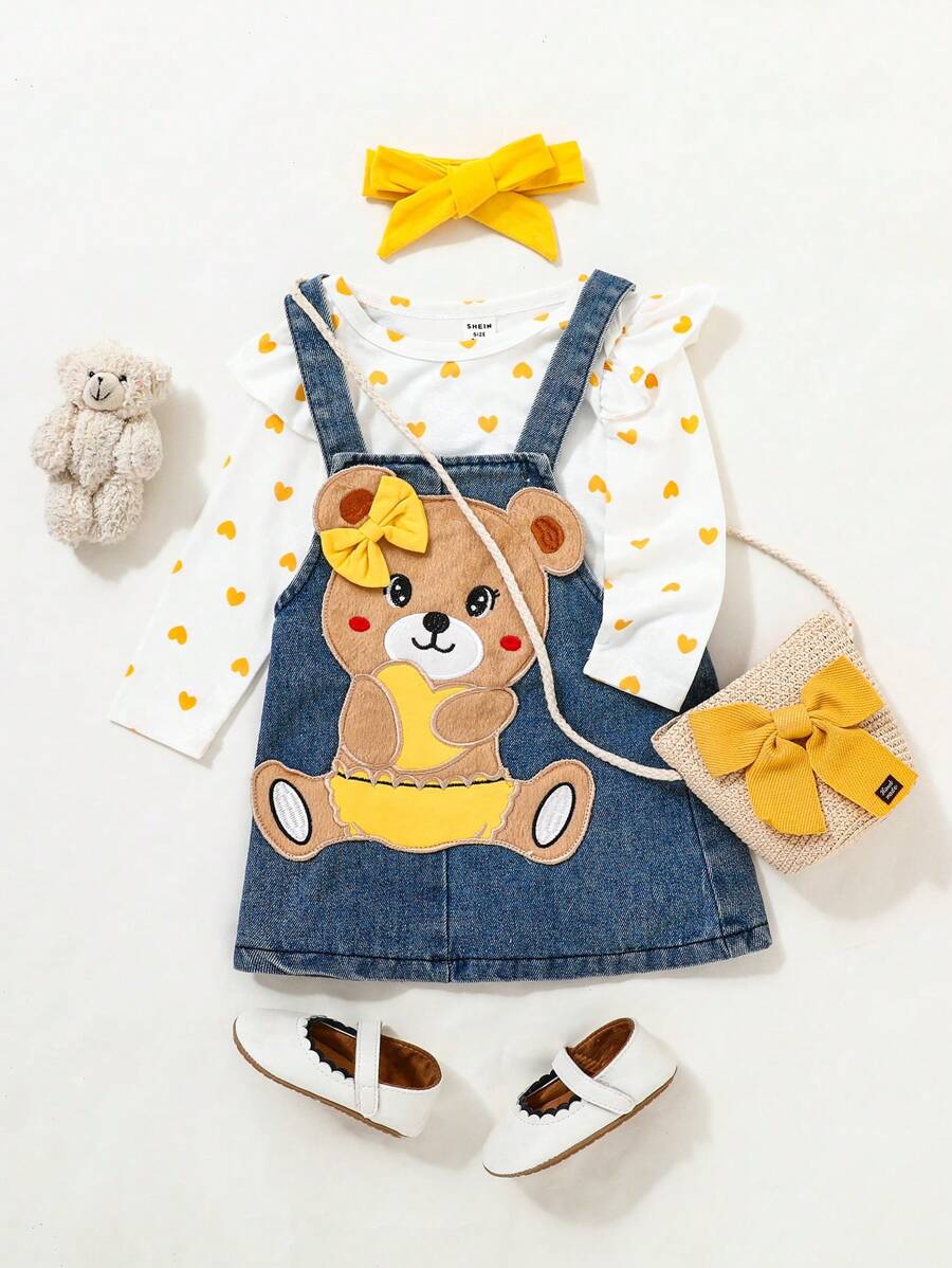 SHEIN Baby Girls' Lovely Denim Bear Printed Dress Set - White - View 1