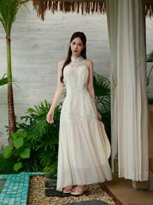 Chiquease 女式无袖立领中式纽扣泡泡裙 - 杏色 - 查看 6