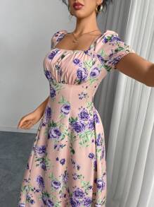 Modelyn Floral Print Raglan Sleeve Elegant Mini Dress, Vacation Style For Women - Dusty Pink - View 4