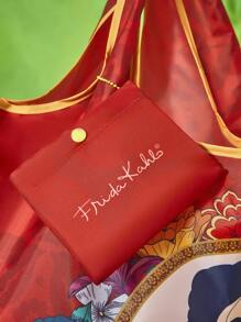 Frida Kahlo X SHEIN 图形图案聚酯纤维可折叠手提包，带有一个小袋，配有串珠链，可挂在包上，红色