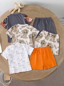 6pcs Boys Cartoon Lion & Tiger Print Short Sleeve Crew Neck T-Shirt And Shorts Casual Fashion Outfit, Suitable For Outings And School