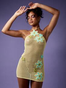 MISSGUIDED 钩针编织沙滩罩衫迷你连衣裙花卉贴花单肩露背夏季度假沙滩装泳池泳衣罩衫 - 黃色 - 查看 6