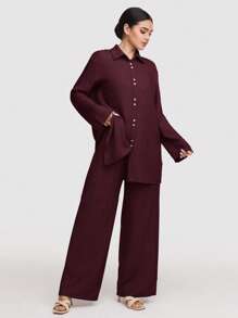Veilorie 2pcs Women's Solid Color Front Button Up Long Sleeve Casual Top And Long Pants Set Modest - Burgundy - View 4