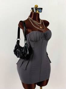 Amplova Women's Solid Color Pleated Cargo Pocket Bandeau Mini Dress,Boho Clothes Women - Dark Grey - View 4