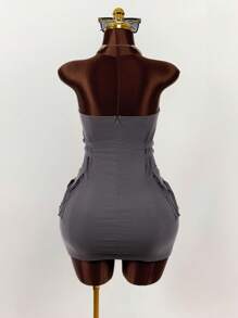 Amplova Women's Solid Color Pleated Cargo Pocket Bandeau Mini Dress,Boho Clothes Women - Dark Grey - View 9