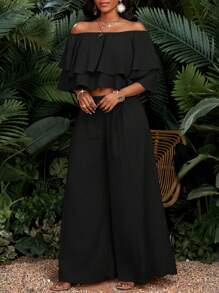 SHEIN Lady Bộ 2 món gồm áo và chân váy trễ vai màu trơn dành cho nữ, thời trang cho mùa hè. - màu đen - Xem 5