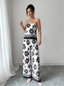 Breezaya Completo estivo casual da donna, composto da canottiera in stampa bianco e nero e pantaloni larghi