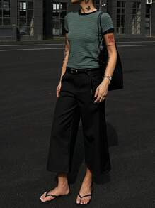 DAZY Women Crew Neck Contrast Trim Casual Striped Short Sleeve Fitted T-Shirt, Summer