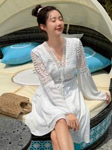 DAZY Women's Beach Cover Up With Tie Waist & Patchwork, Spring/Summer