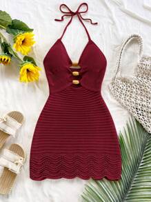 Soleia Vestido de punto de tirantes con cuentas de madera huecas decorado, conjunto sexy de vacaciones de verano para fiesta, cita, playa, crucero, vacaciones, festival de música, estilo bohemio