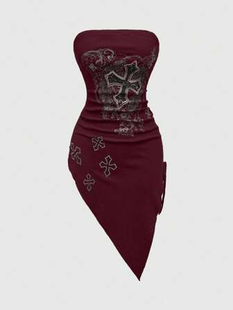 Grunge Punk Dark Punk Style Cross Rhinestone Decor Asymmetric Ruched Hem Women Top