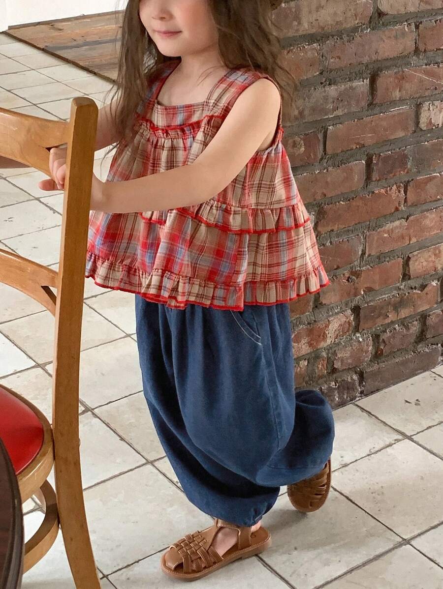 DAZY Completo vestaglia con volant a quadri e pantaloni a zampa di lanterna, per ragazze di taglia piccola, estivo