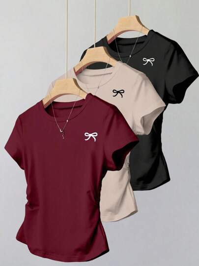 INAWLY 3pcs/Set Women Cinched Waist T-Shirt, Sweet Butterfly Print Pattern, Summer