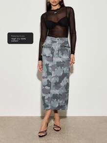 AiiRZ Cargo Style Camouflage Print Denim Maxi Skirt With Utility Pockets Military Streetwear High Waist A-Line Long Skirt Autumn Winter Fashion