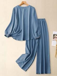 Linhara Plus Size Women 2 Pieces Woven Casual Outfit Set, Autumn - Royal Blue - View 2