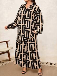 SHEIN Clasi Curve Plus Size Khaki Elegant Business Commuting Casual All-Over Print Lantern Sleeve Shirt + Wide Leg Pants 2 Pieces Set, Autumn And Winter