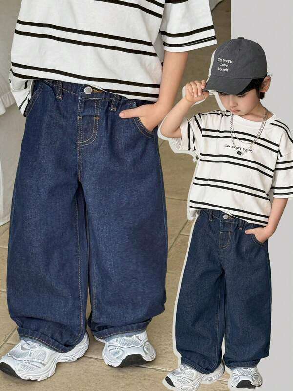 SHEIN Toddler/Young Boys Dark Blue Comfortable Simple Base Soft Cute Casual Basic Baggy Denim Jeans For Kids Clothes Boys Costume Dailywear And Kids Four Seasons Clothes
