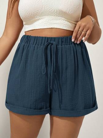 SHEIN VCAY Plus Size Solid Color Shorts With Knotted Waistband