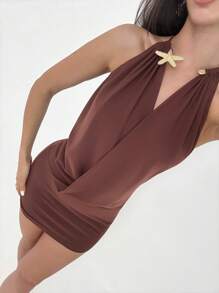 Aloruh Vestido curto casual metálico com decote profundo e drapeado para moças, cor marrom, adequado para férias de primavera/verão