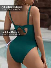 Shapewave 夏季沙灘女士度假沙灘泳池純色增壓塑身一件式泳裝，帶肩帶 - 墨綠色 - 查看 2