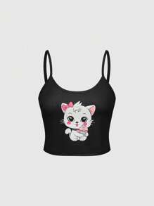 ROMWE Ensemble de pyjama comprenant un débardeur et un short avec imprimé chat nœud papillon de style dessin animé - Noir - Voir 5