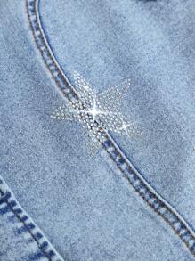 SHEIN Teen Girl Sparkling Star Rhinestone Decor Light Blue Denim Elastic Fitted Sleeveless Vest, Spring And Summer Casual Vacation Country Boho Wear