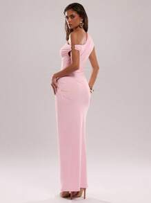 SHEIN BAE Women's Elegant Asymmetric Metal Embellished Maxi Dress,Suitable For Party Gatherings And Daily Commuting Wear - Coral Pink - View 2