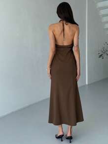 Aloruh 新款波西米亚风格露背系带 V 领树脂和宝石串珠装饰无袖紧身鱼尾连衣裙，适合度假、约会、茶歇 - 咖啡棕 - 查看 2