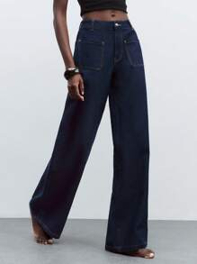 Maija 女式蓝色牛仔裤法式优雅牛仔裤复古双口袋直筒修身长裤老式风格办公室服装 - 深色水洗藍 - 查看 5