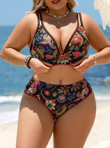 Swim Lushoire Plus Size Women Floral Print Bikini Set Vacation Style For Summer