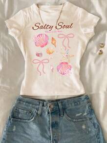 Chill Vacation Tropical Hibiscus, Frangipani, Starfish & Seashell Beach Themed Pattern, Tween Girls Slim Fit Casual, Comfortable Round Neck Snug Fit Long Tee, 3pcs/Set In White, Ivory, Light Pink, Summer
