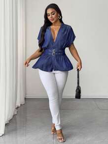 SHEIN Unity Blouse mode femme grande taille, décolleté en V profond, manches chauve-souris, design avec boucle à la taille, pour l'été - Bleu marine - Voir 3