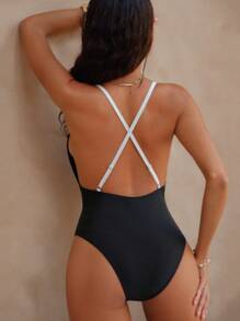 Swim Chiccia Chicsea Women Elegant Color-Block Front Compression Bar Criss-Cross Back One Piece Swimsuit For Summer Beach Vacation - Black and White - View 2