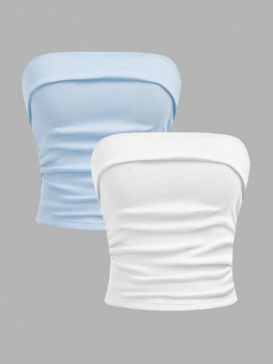 SHEIN Girlism 2pcs/Set Teen Girl Minimalist Comfortable Ruched Bandeau Crop Tube Top Fall Winter