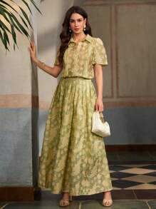 ZEYLAH Women's Elegant Cut-Out Single Breasted Short Sleeve Blouse, Spring/Summer - Green - View 5