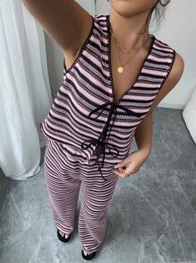 Elenzga 2 Pieces Women Striped Front Tie Tank Top And Long Pants Set, Summer - Pink - View 3