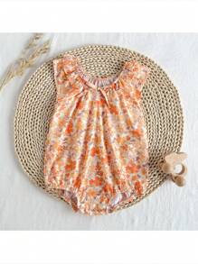 Loomiva Baby Girl Floral Print Knit Soft Round Neck Ruffle Hem Sleeveless Bodysuit - Orange - View 1