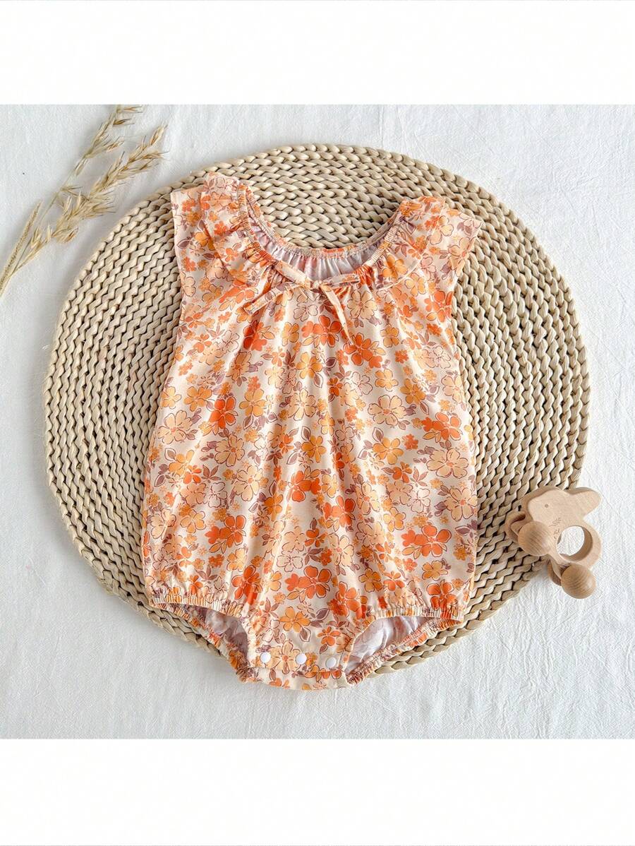 Loomiva Baby Girl Floral Print Knit Soft Round Neck Ruffle Hem Sleeveless Bodysuit - Orange - View 1