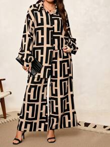 SHEIN Clasi Curve Plus Size Khaki Elegant Business Commuting Casual All-Over Print Lantern Sleeve Shirt + Wide Leg Pants 2 Pieces Set, Autumn And Winter
