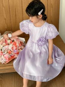 Vestido de organza con mangas abullonadas elegantes para niñas jóvenes - Morado - Ver 2
