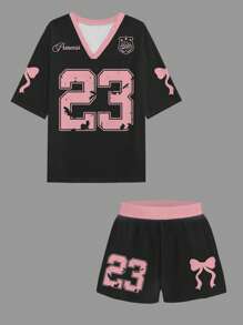 Slaydiva Bộ đồ thể thao Jersey tối giản thường ngày xuân/hè 2025, họa tiết bướm và đồ họa số 23, bộ 2 món dành cho nữ - Nhiều màu - Xem 5