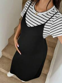 SHEIN 2pcs/Set Maternity Stripe Round Neck Short Sleeve T-Shirt And Cami Dress Set, Summer Maternity Clothes Maternity Dresses Maternity Two Pieces Suit
