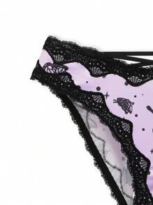 甜美可爱 Y2K 蕾丝花朵交叉后背舒适蝴蝶印花内裤，薰衣草紫和黑色，少女内裤 - 淡紫色 - 查看 5