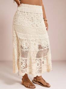 Freevana Plus Size Casual Solid Color Hollow-Out Knit Sweater Skirt Western Wear Women Crochet Ibiza Butter Yellow Summer For Women Beach For Woman Vacation Women Beach Boho Rave Country Concert Festival Brunch For Women Beach Vacation Graduation Old Money In Fall/Winter