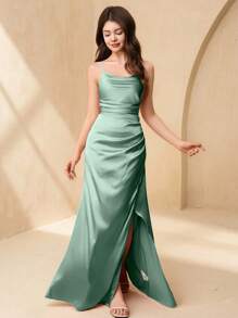 SHEIN Wedding Season Flower Girl & Teen Girls Elegant Satin Ruffle Thigh Slit Bridesmaid Dress, Formal Gown For Prom, Birthday Party, Wedding Fall Winter