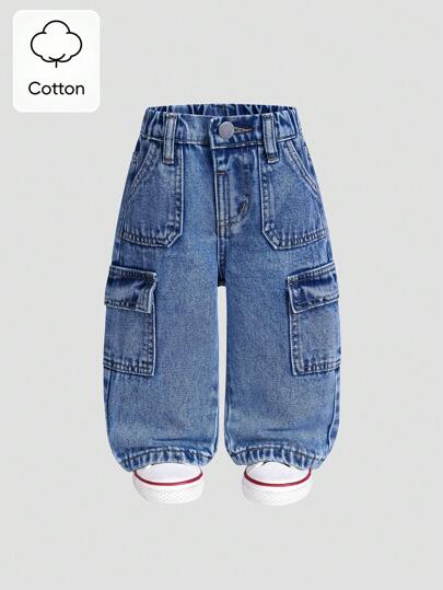 SHEIN Playful Pals Cotton Elastic Waist Cargo Pocket Casual Pants For Baby Boys Toddler Cargo Jeans Fall Winter