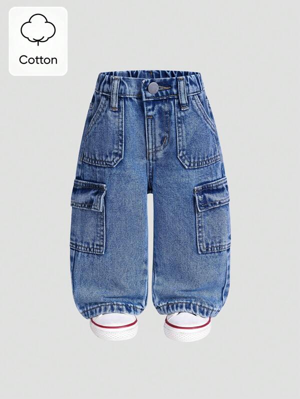 SHEIN Playful Pals Cotton Elastic Waist Cargo Pocket Casual Pants For Baby Boys Toddler Cargo Jeans Fall Winter