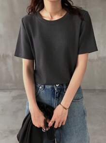 FRIFUL 2 件套女式蝴蝶结荷叶边下摆短袖上衣，宽松圆领 - 灰色 - 查看 3